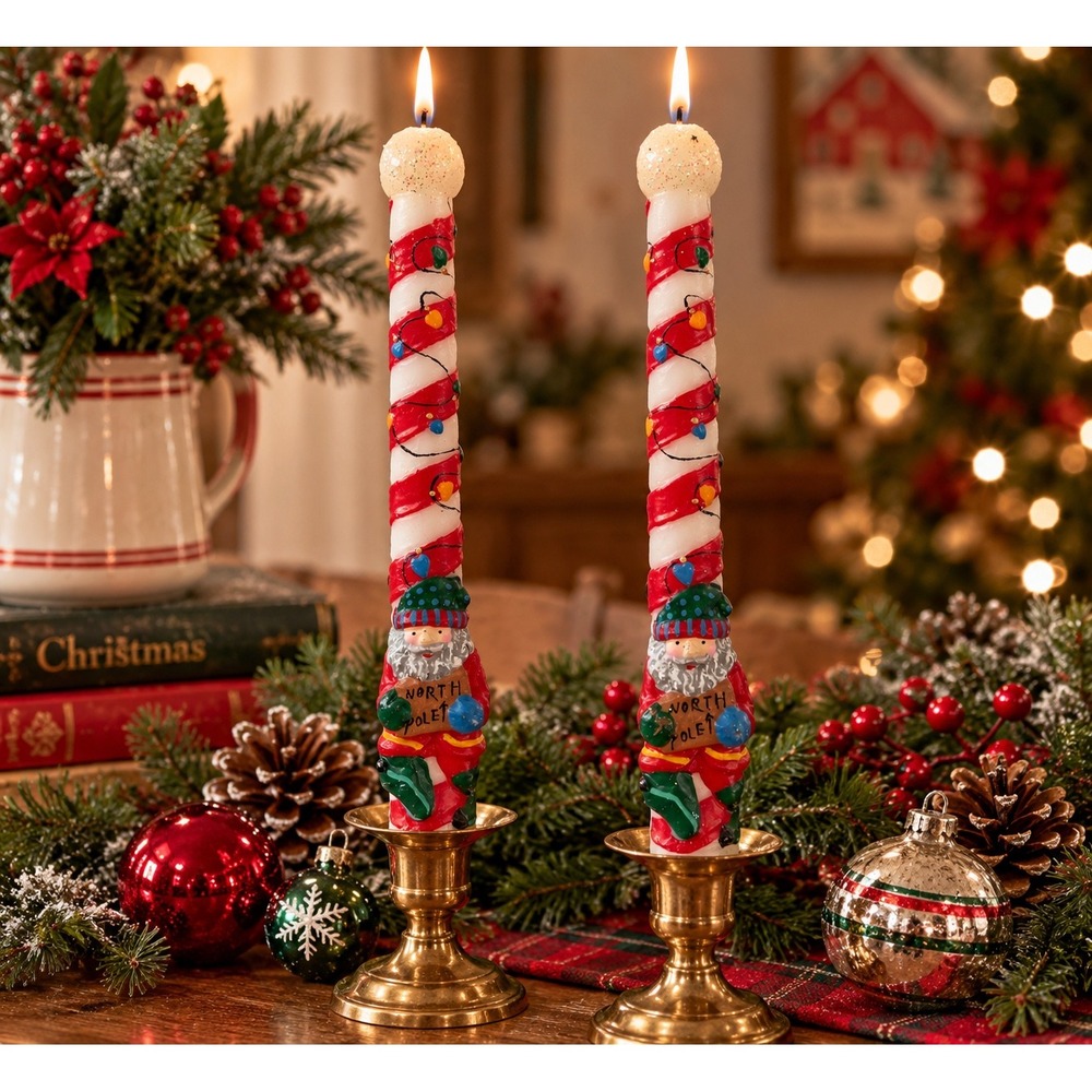 Vintage Robert Alan North Pole Santa Taper Candles 10in Barber Pole Christmas